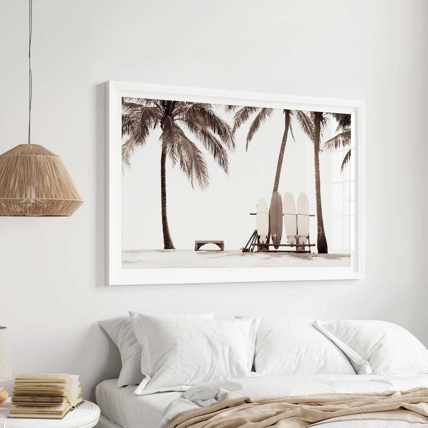 Framed Hawaii palm and surfboard fine art print showcasing tropical coastal decor style.