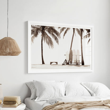 Framed Hawaii palm and surfboard fine art print showcasing tropical coastal decor style.