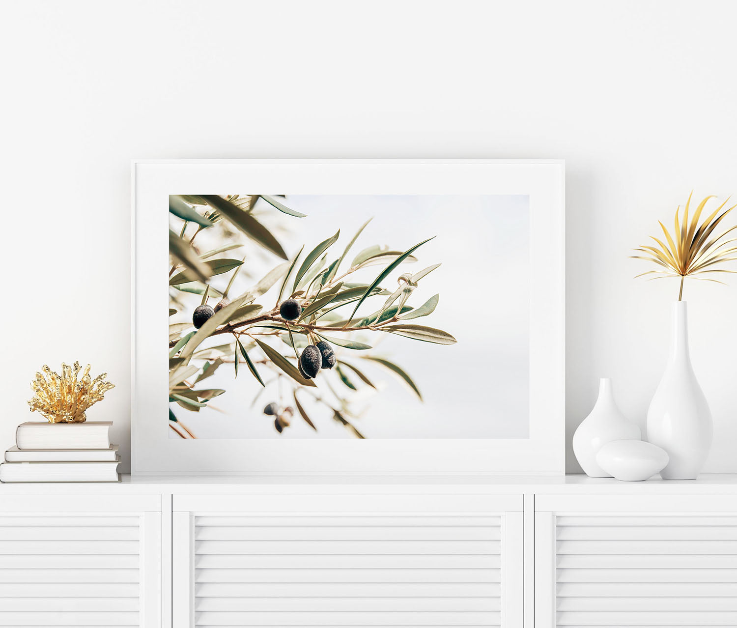 Framed olive branch botanical art print with minimalist neutral tones.