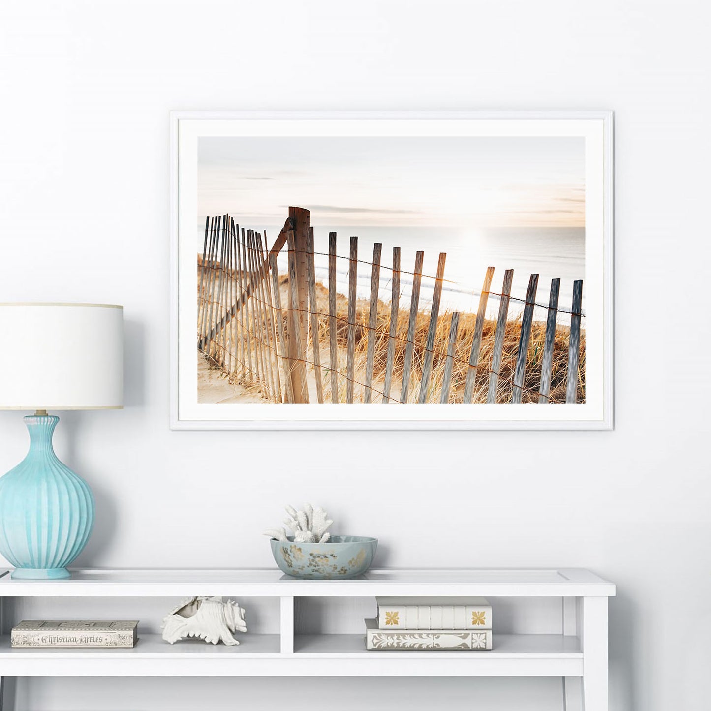 Framed sunset beach fence coastal photography print