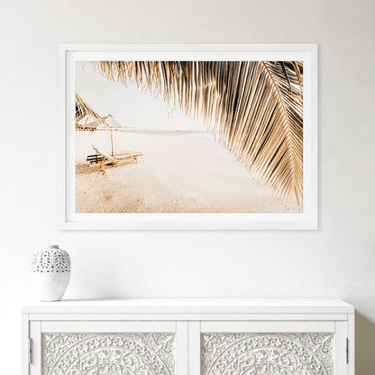 Framed tropical beach wall art featuring Hawaii palm tree photography