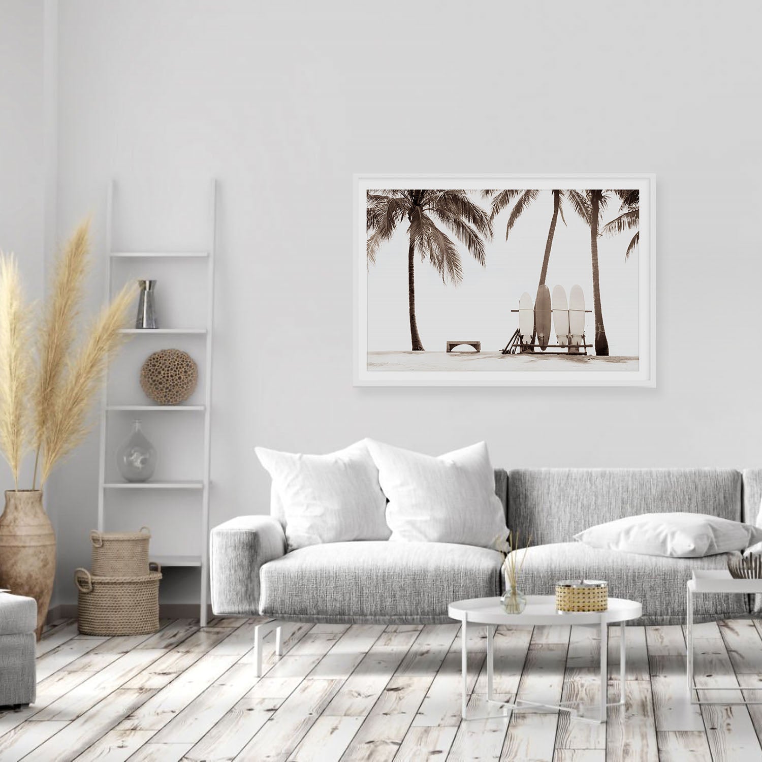 Hawaii palms and surfboards fine art print displayed on a living room wall with neutral decor