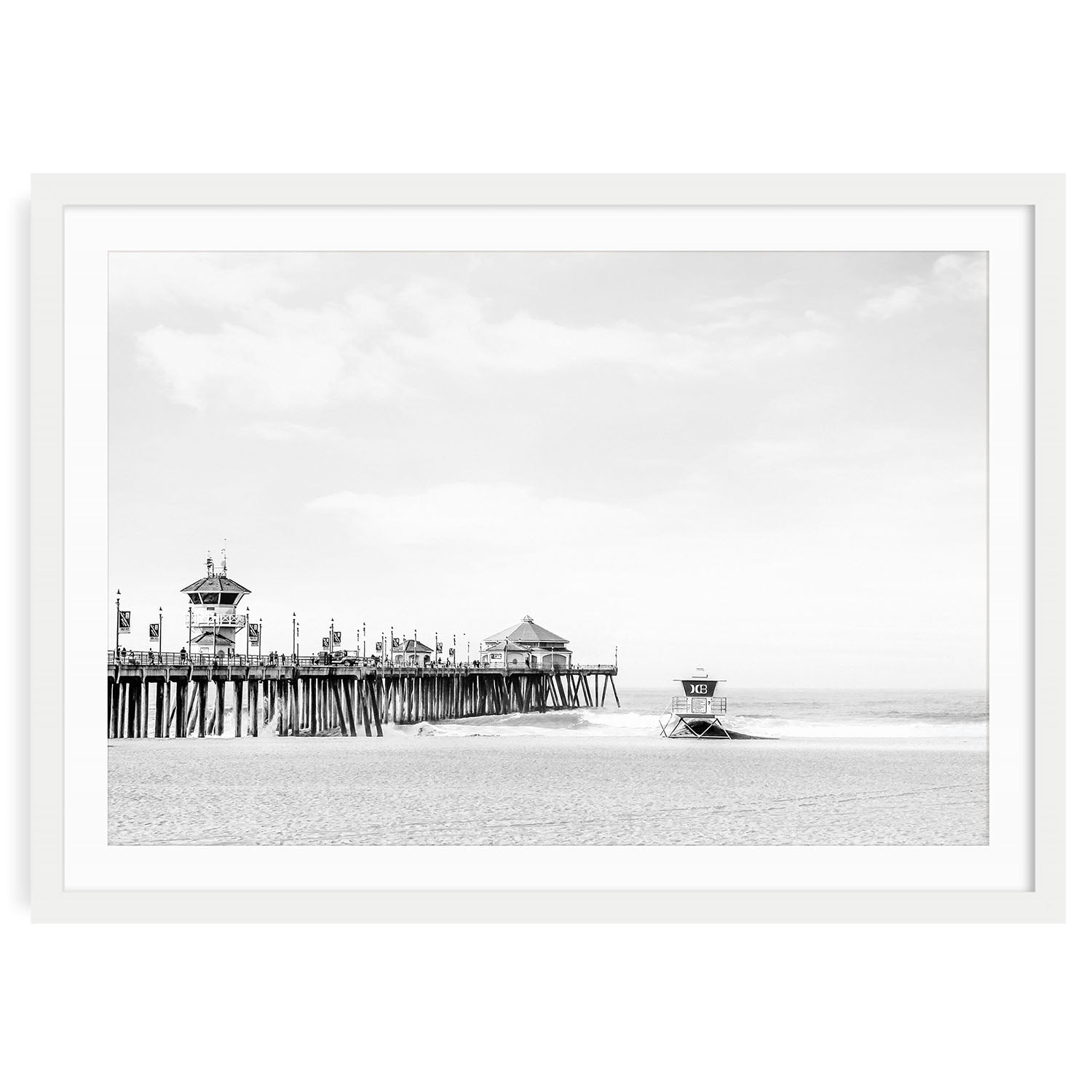Black and white photograph of Huntington Beach Pier with ocean and horizon wall art print