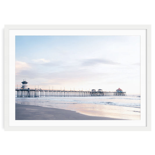 Huntington Beach Pier wall art at sunset, coastal fine art print for home decor.