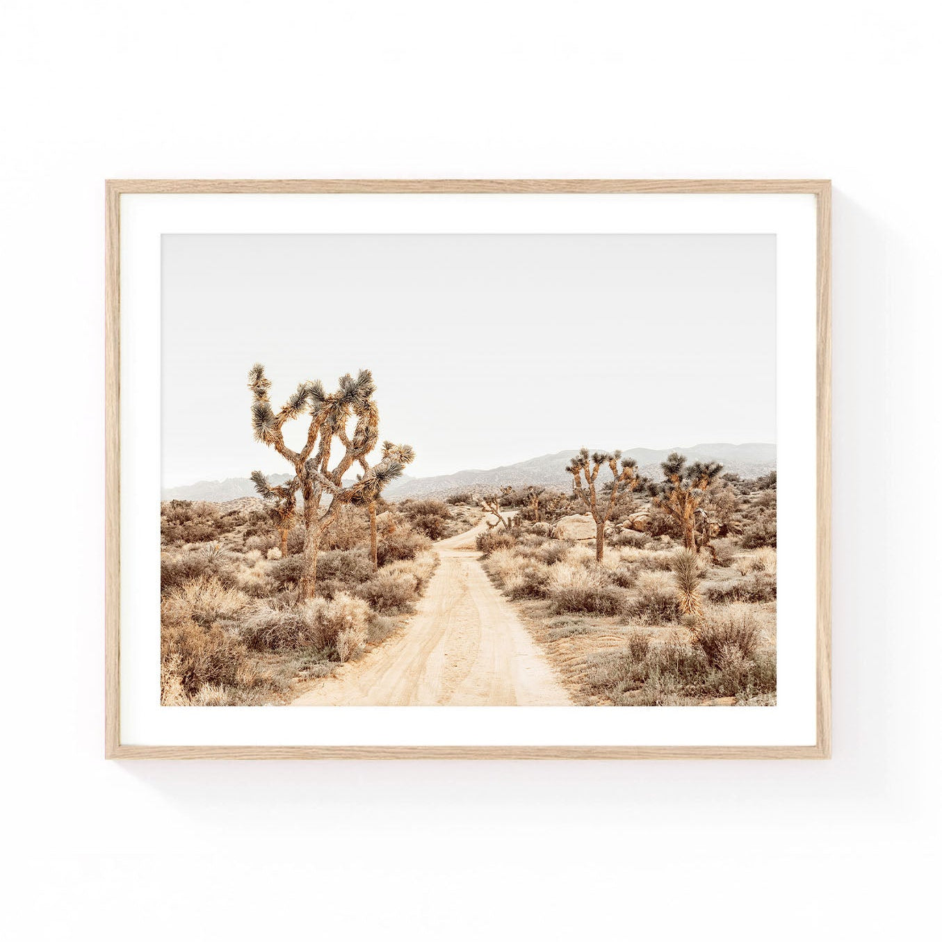 Joshua Tree National Park wall art featuring a sandy desert road winding through iconic Joshua trees, native desert shrubs, and distant mountain ranges in soft neutral tones.