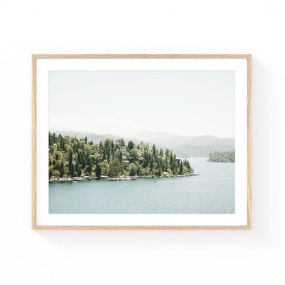 Lake Arrowhead wall art featuring a peaceful mountain lake, pine-covered shoreline, lakeside cabins, and soft misty hills in muted natural tones.