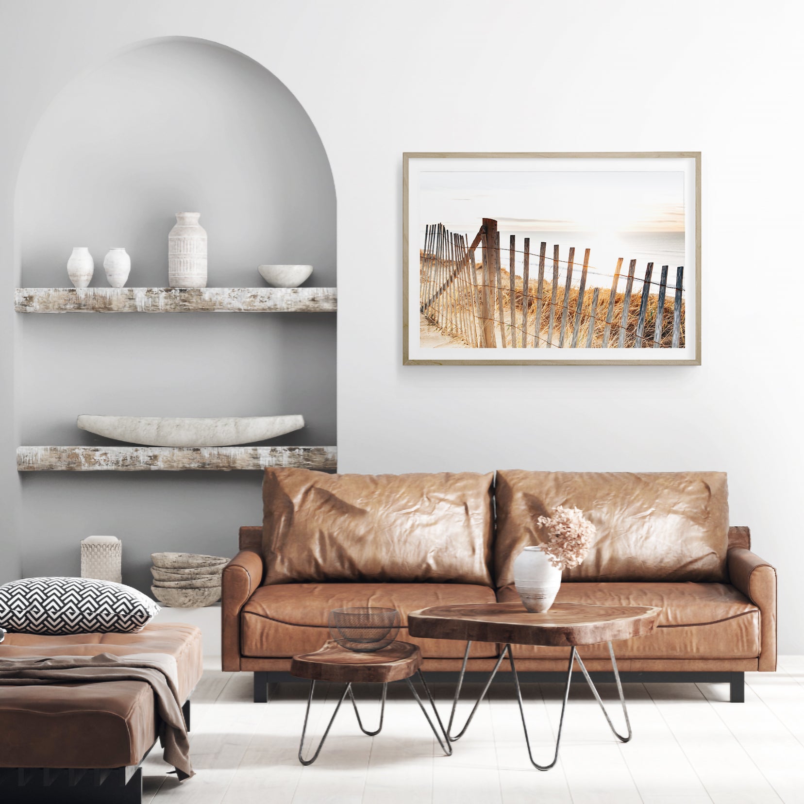 Sunset beach fence wall art styled in a modern living room