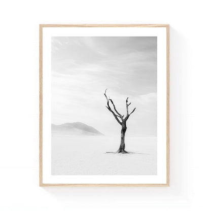 Minimalist black and white desert wall art featuring a solitary tree standing on a vast dry lake bed with distant mountains fading into soft atmospheric haze.
