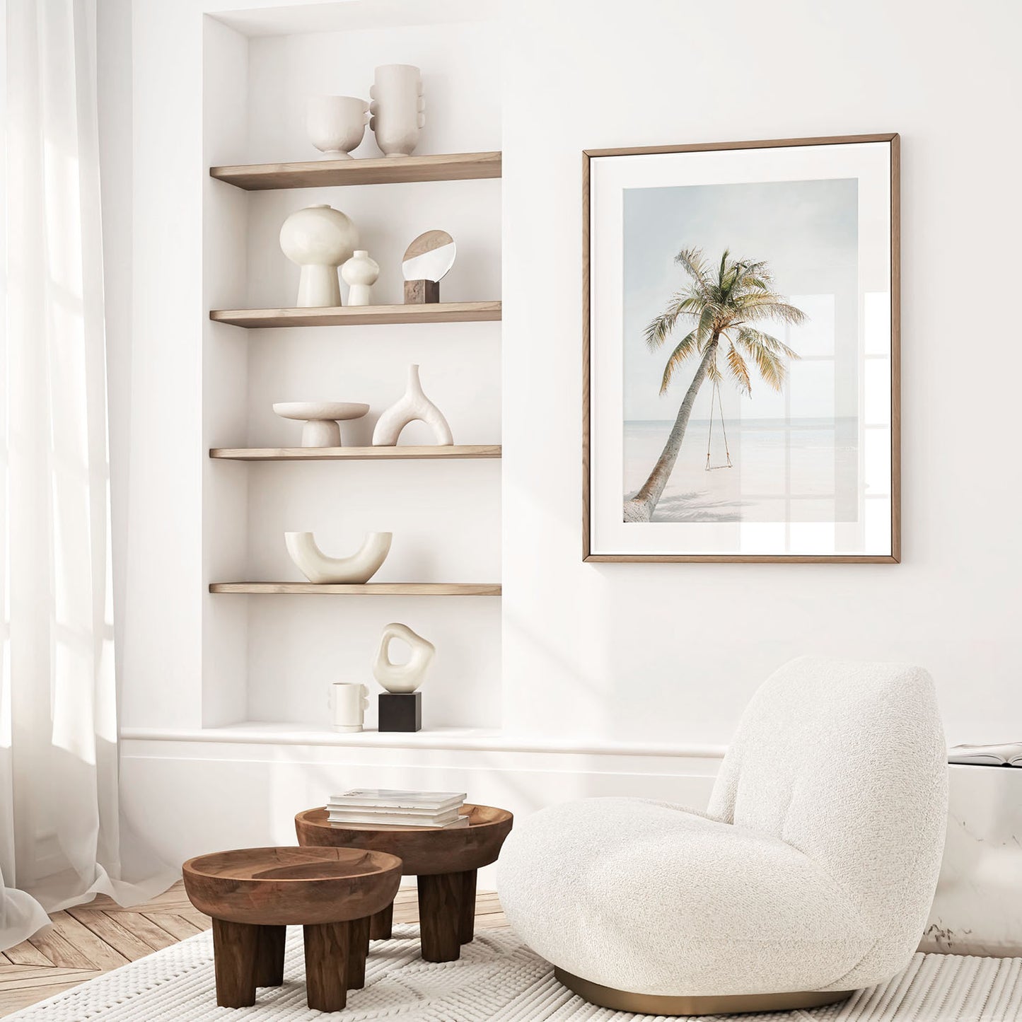 Minimalist beach wall art of a palm tree swing styled in a modern living room.