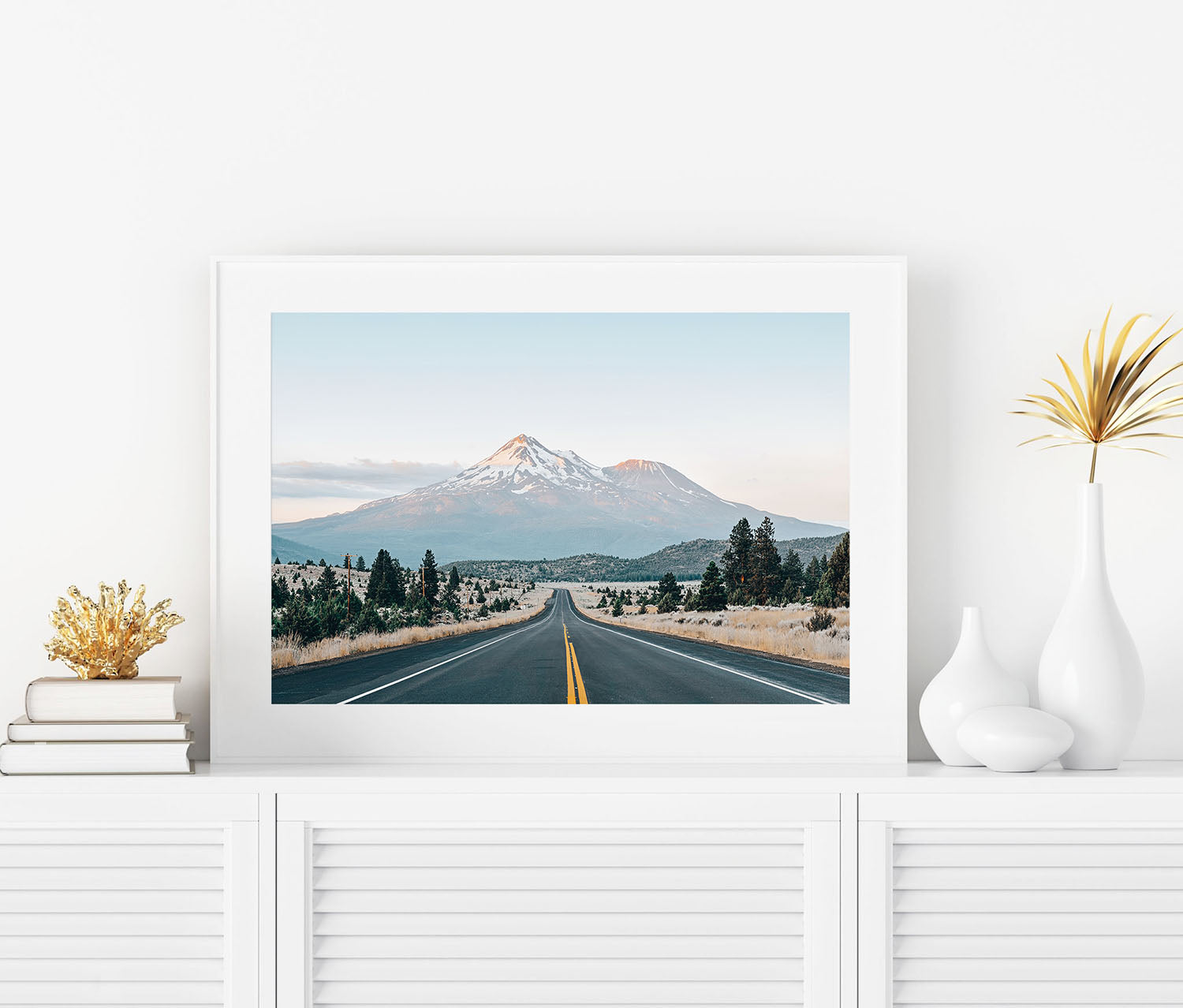 Framed Mount Shasta landscape photography print of scenic mountain road