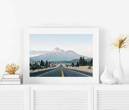 Framed Mount Shasta landscape photography print of scenic mountain road