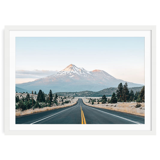 Fine art Mount Shasta wall art print featuring mountain road in white frame with mat