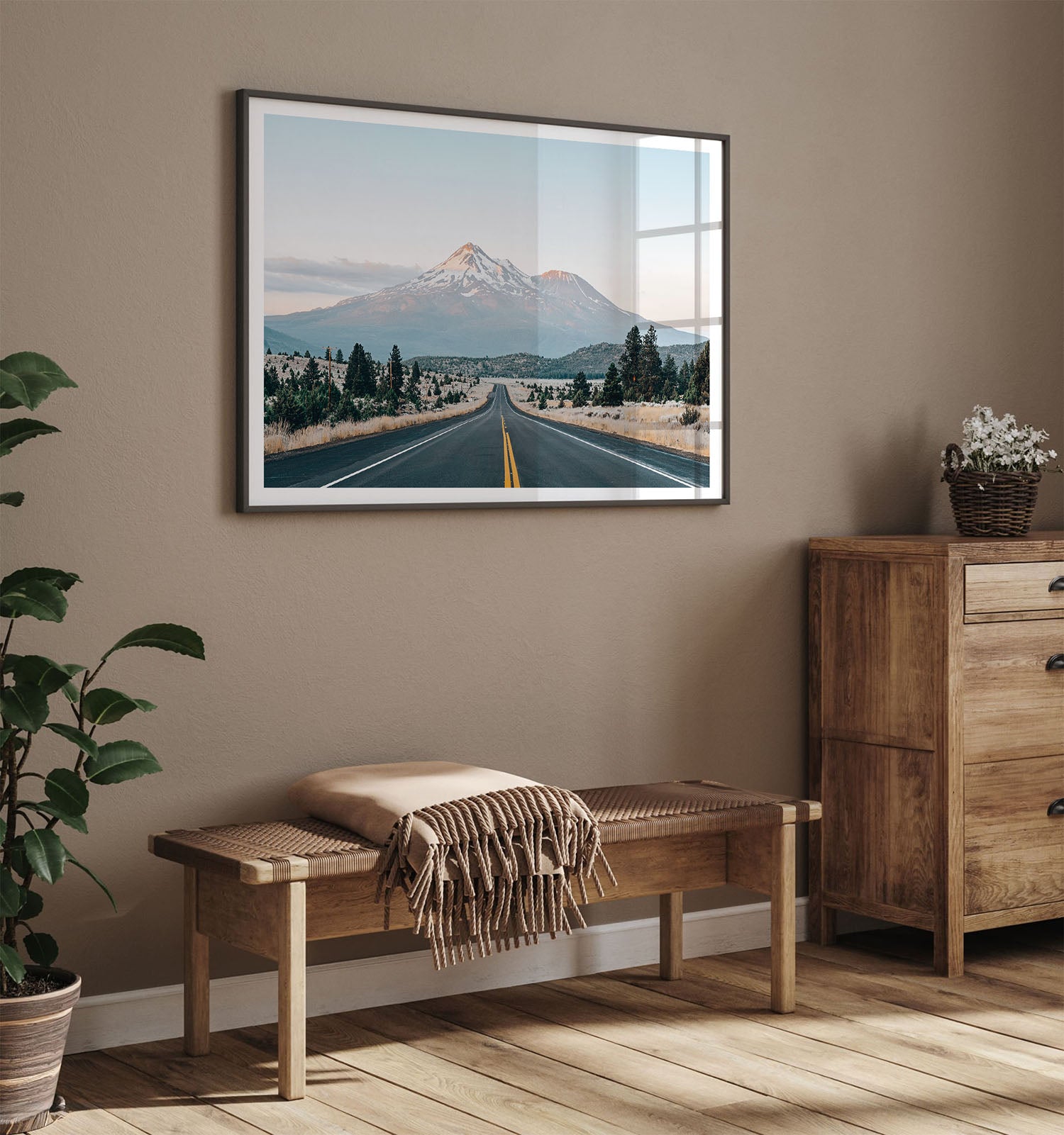 Mount Shasta road wall art print displayed in modern living room interior