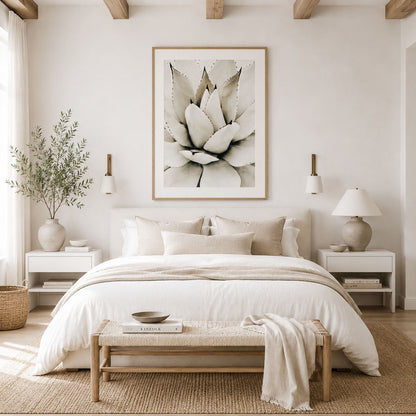 Neutral agave wall art featuring a close-up of a sculptural agave succulent in soft ivory and sage tones, showcasing symmetrical botanical forms and organic desert textures.