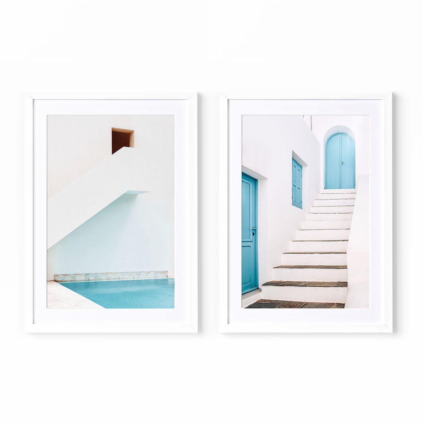Coastal minimalist wall art set in a white frame and mat showing Mediterranean architecture and pool photography.
