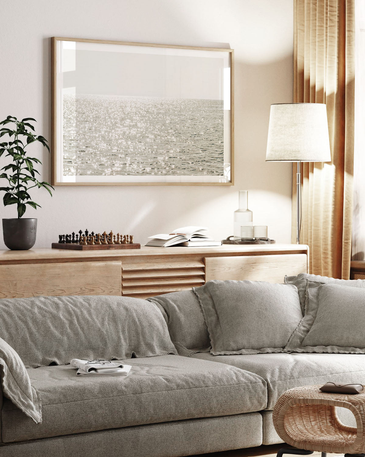 ocean horizon wall art in neutral coastal living room
