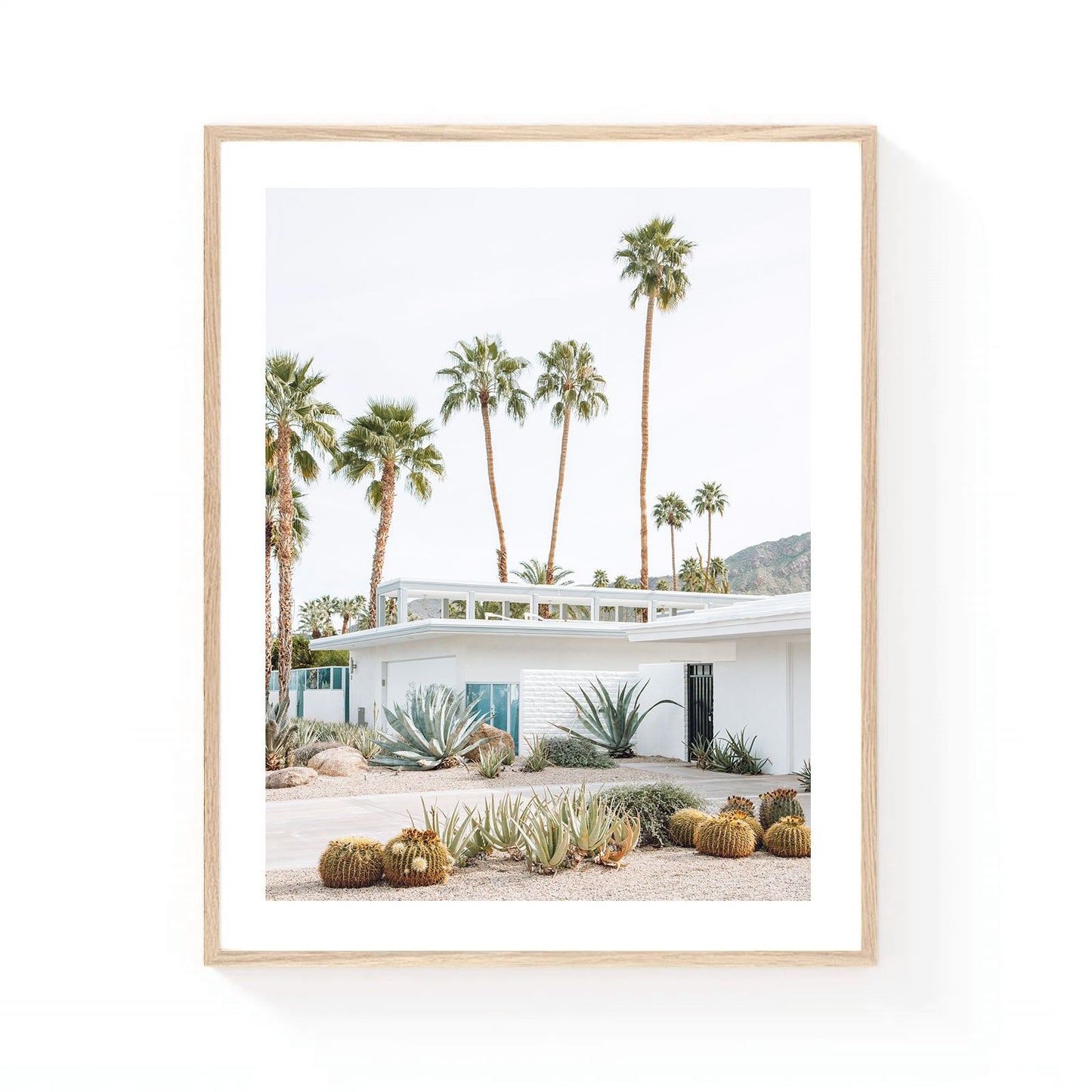 Palm Springs desert home wall art featuring a modern white mid-century house surrounded by agave plants, barrel cacti, and tall palm trees with mountain views in the background.