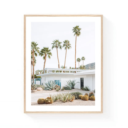 Palm Springs desert home wall art featuring a modern white mid-century house surrounded by agave plants, barrel cacti, and tall palm trees with mountain views in the background.