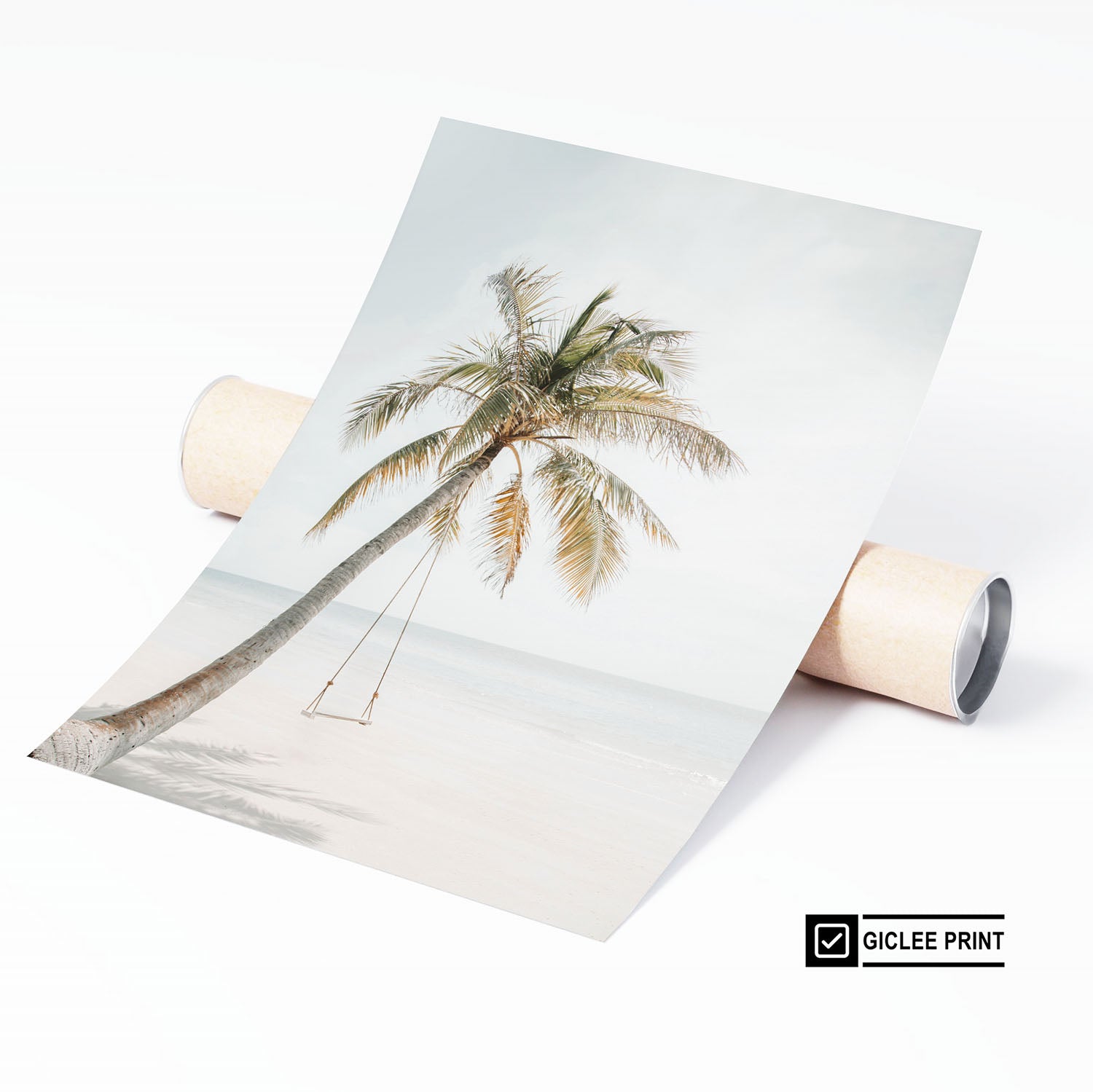 Unframed fine art photography print featuring a minimalist palm tree swing on the beach.
