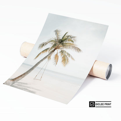 Unframed fine art photography print featuring a minimalist palm tree swing on the beach.