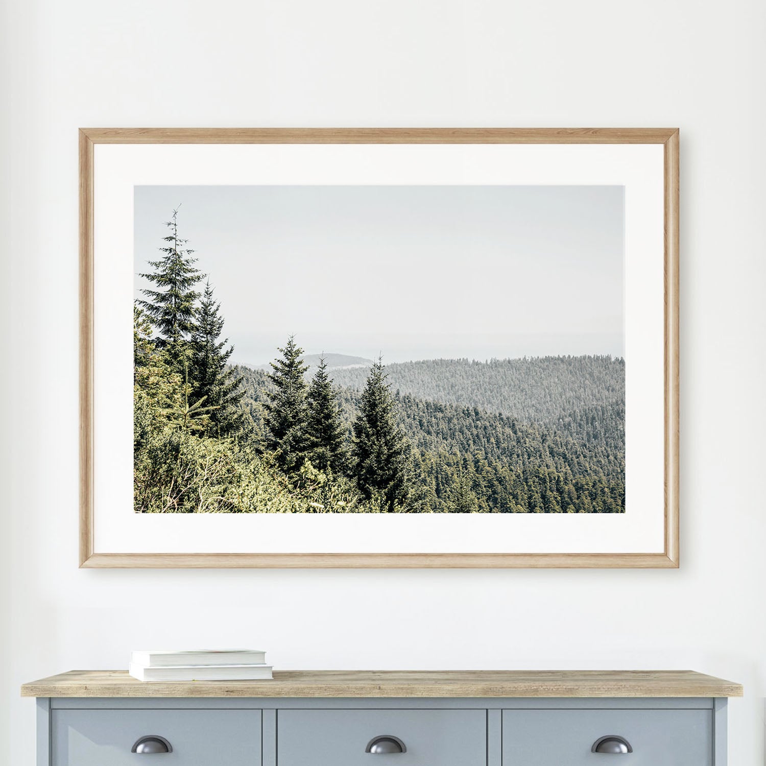 Framed redwood forest landscape photography print showcasing tall trees