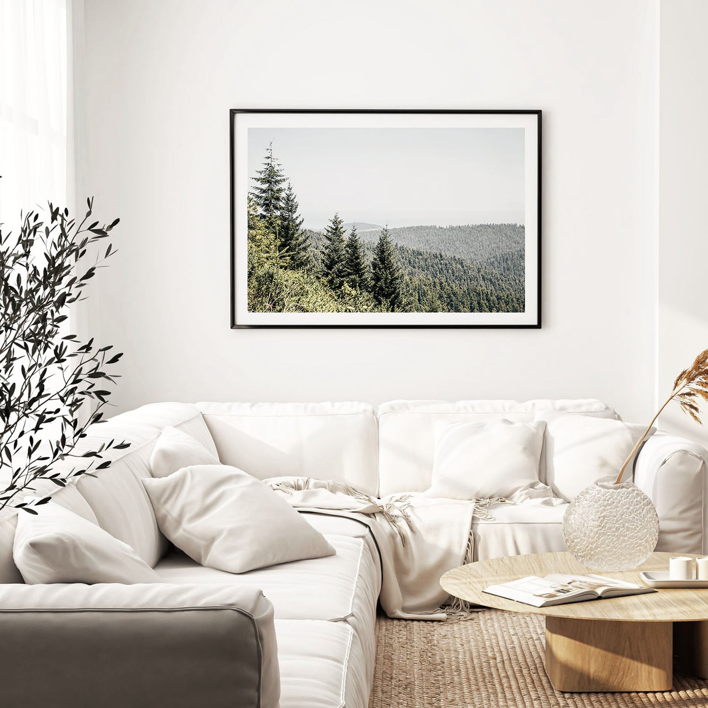 Redwood forest landscape wall art print displayed in modern living room interior