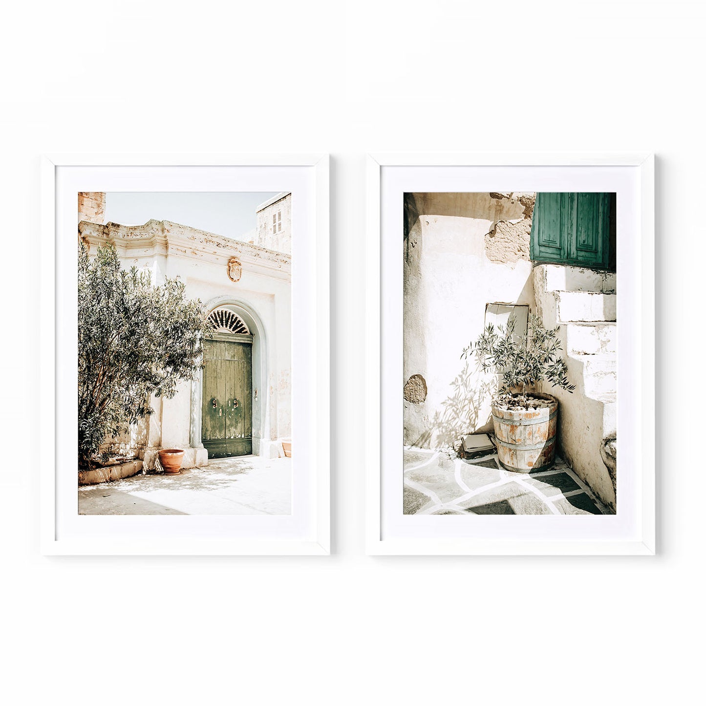 Rustic architecture wall art set in a white frame and mat showing olive green door and Mediterranean plaster textures