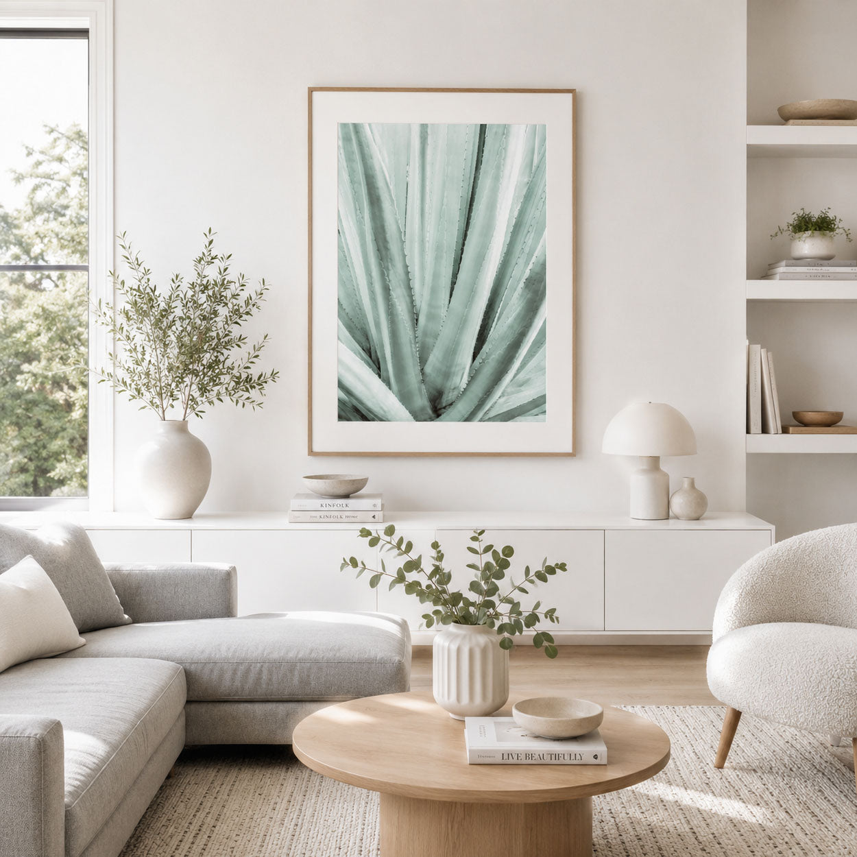 Sage green agave wall art for modern room decor featuring sculptural botanical leaves, organic textures, and calming neutral tones for contemporary interiors.
