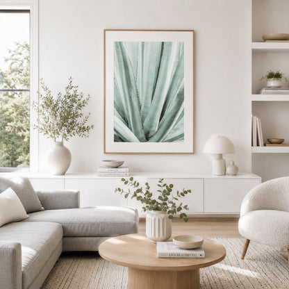 Sage green agave wall art for modern room decor featuring sculptural botanical leaves, organic textures, and calming neutral tones for contemporary interiors.