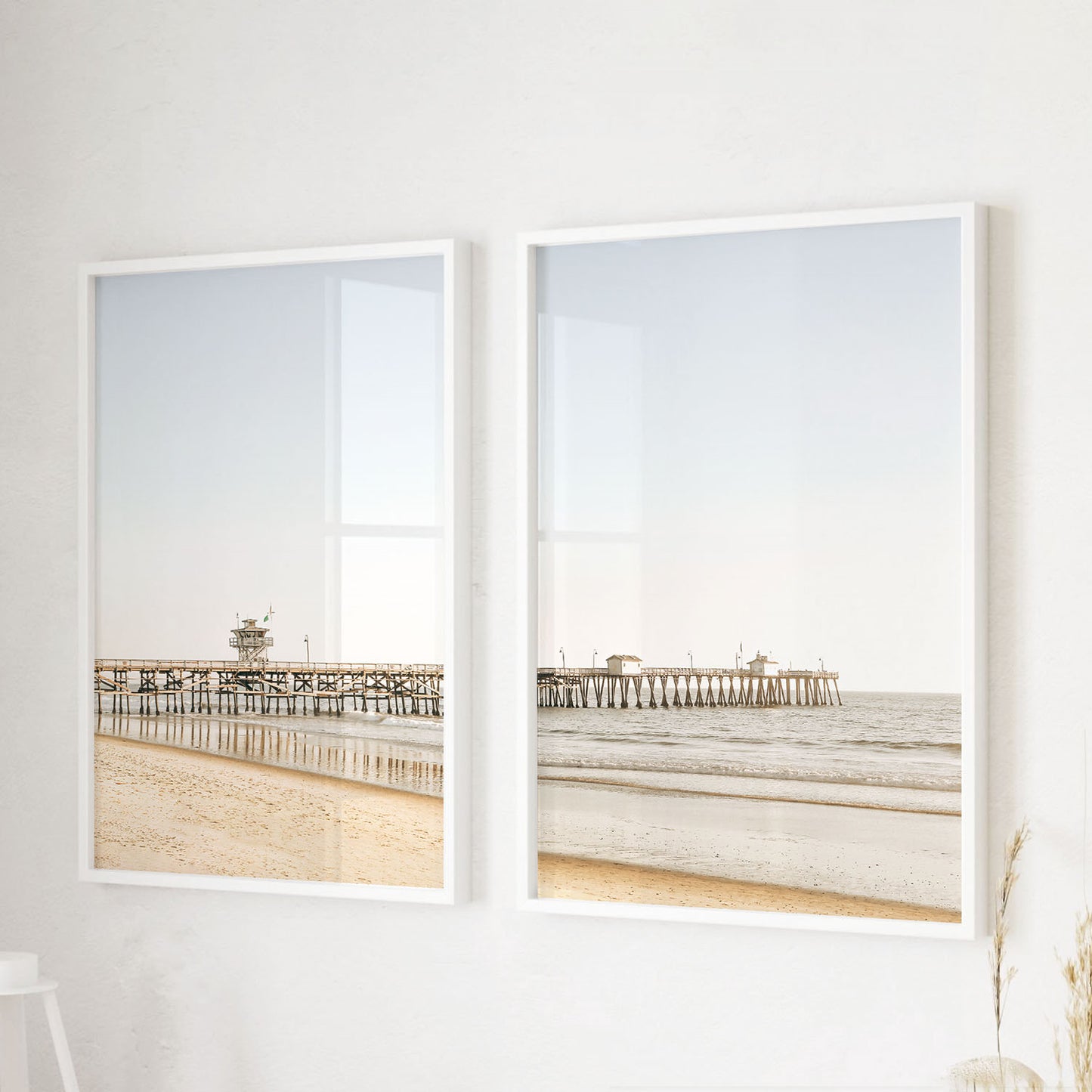 Fine art print of San Clemente Pier in white frame, soft neutral tones, coastal photography wall art