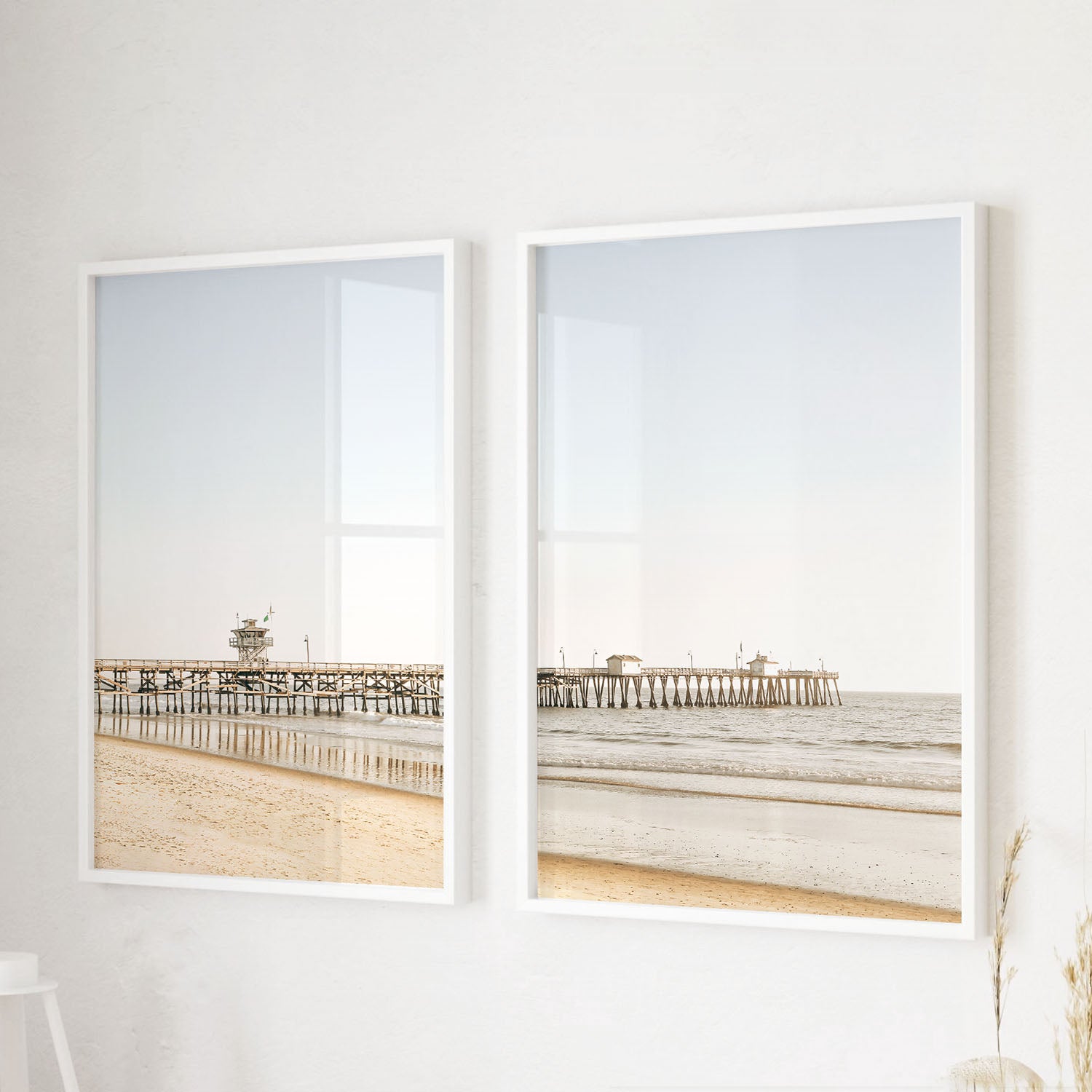 Fine art print of San Clemente Pier in white frame, soft neutral tones, coastal photography wall art