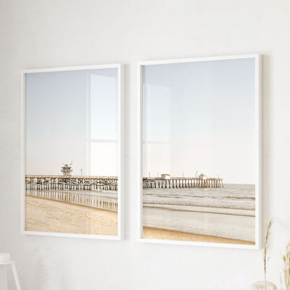 Fine art print of San Clemente Pier in white frame, soft neutral tones, coastal photography wall art