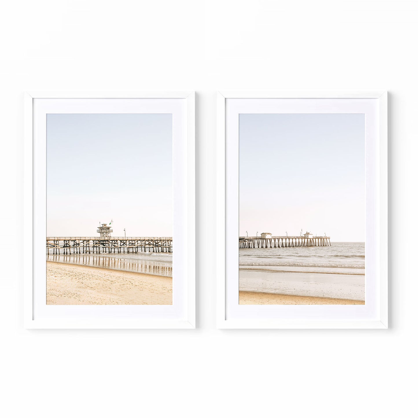 Fine art print of San Clemente Pier in white frame, soft neutral tones, coastal photography wall art