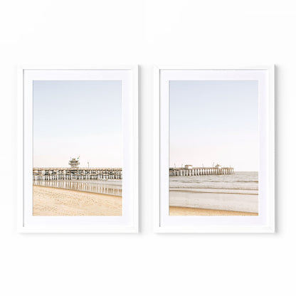 Fine art print of San Clemente Pier in white frame, soft neutral tones, coastal photography wall art