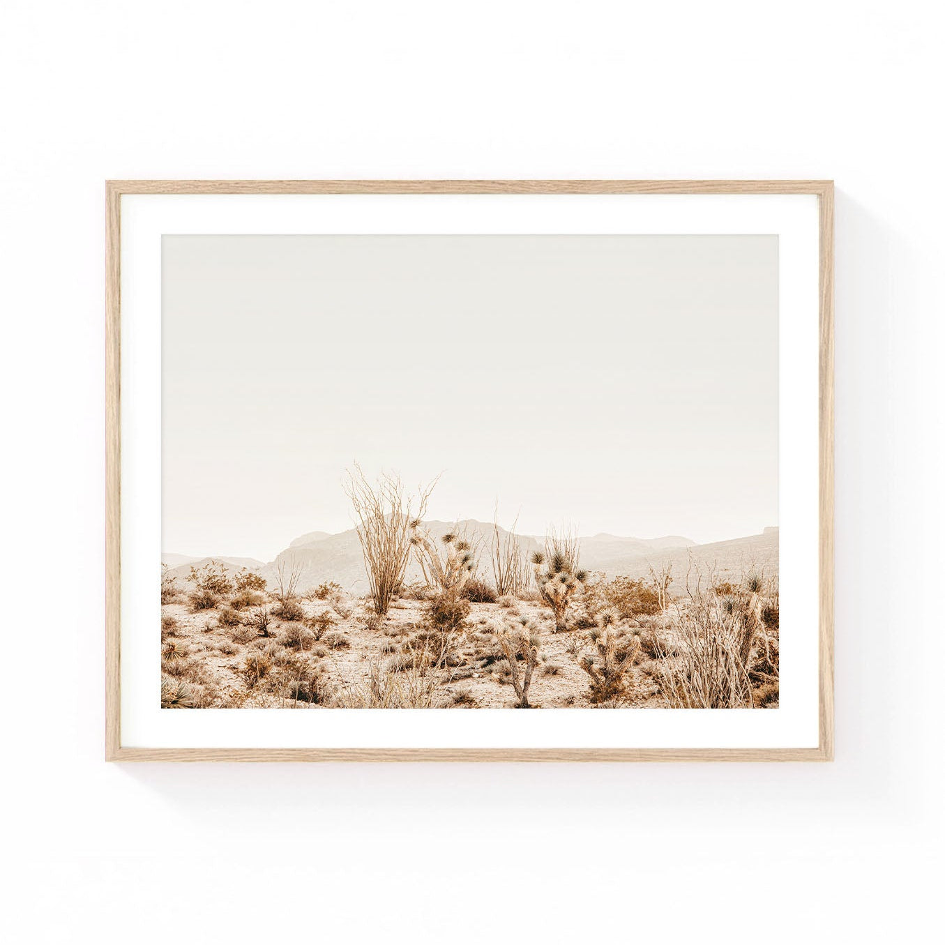Desert landscape wall art featuring ocotillo, Joshua trees, native desert plants, and distant mountains in soft neutral tones and warm desert light.