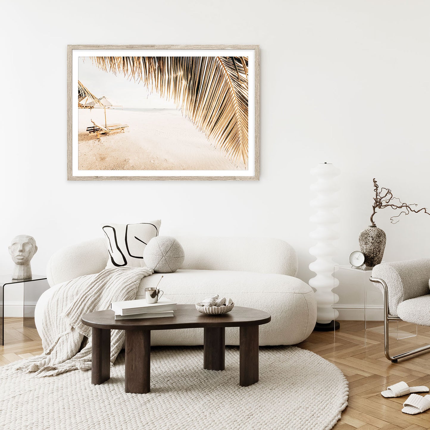 Tropical Hawaii palm beach wall art styled in a modern living room