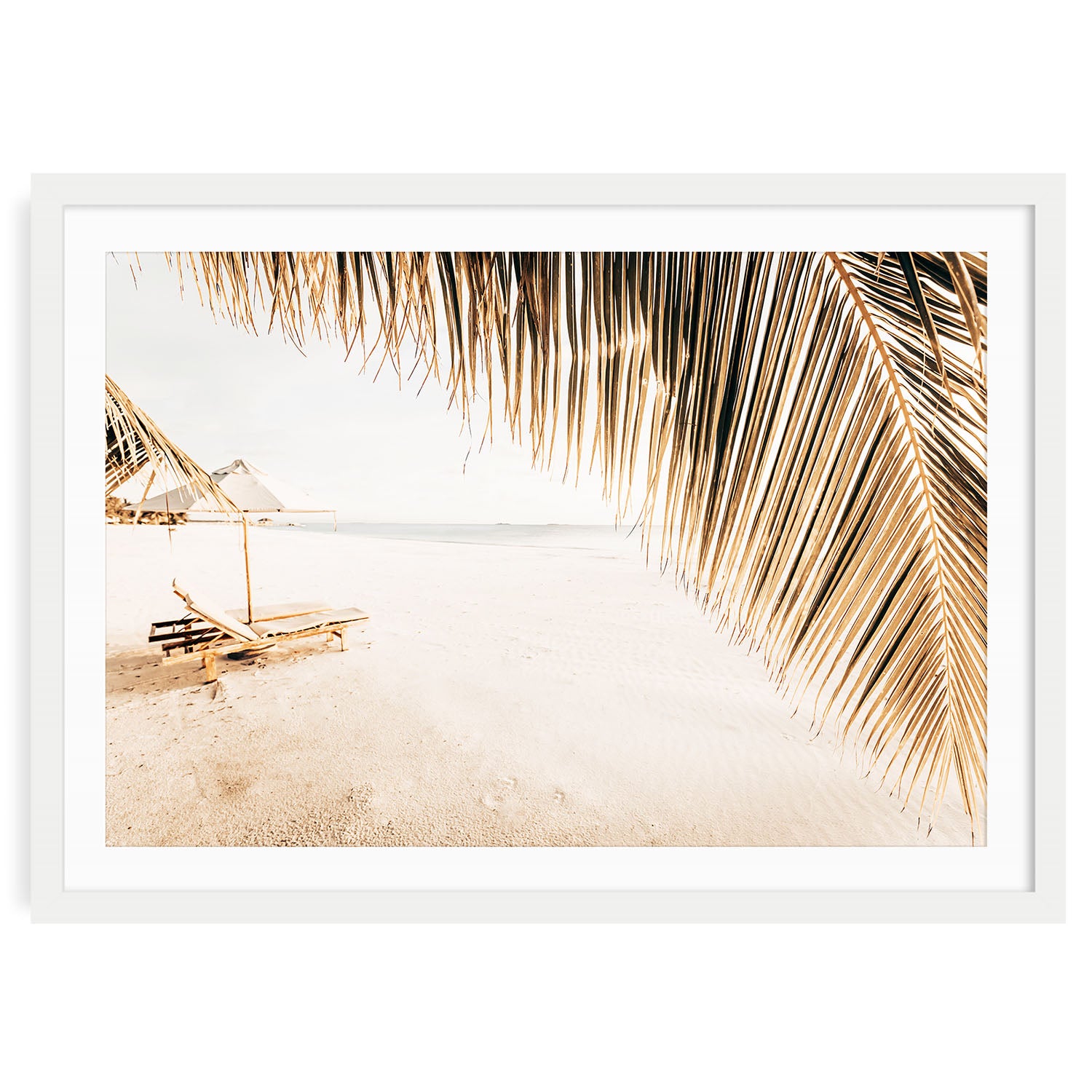fine art print in white frame and mat of tropical Hawaii beach with palm tree
