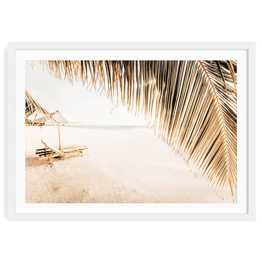 fine art print in white frame and mat of tropical Hawaii beach with palm tree