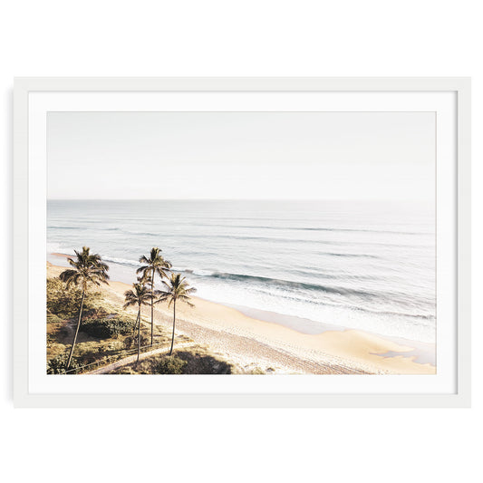 Fine art tropical beach wall art with muted palm tree in white frame and mat, minimalist ocean horizon