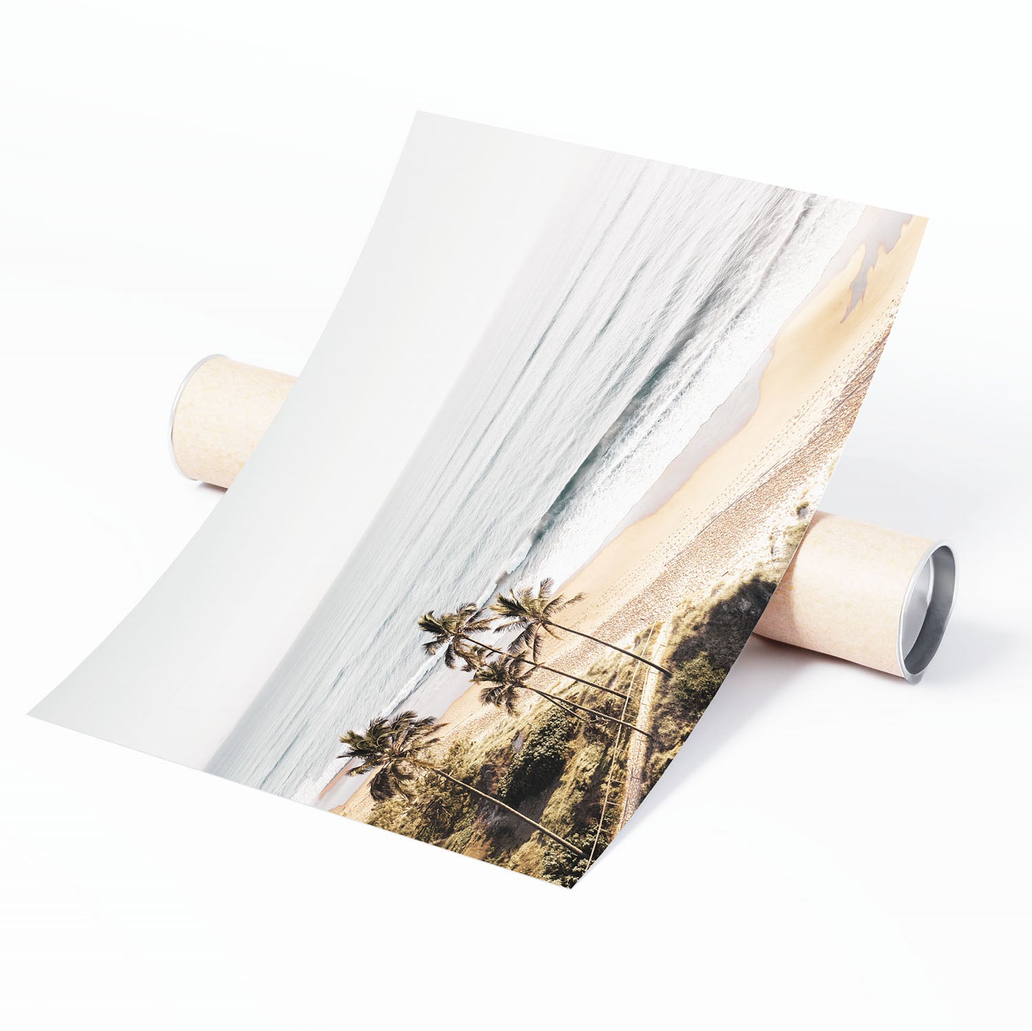 Unframed tropical beach wall art print featuring muted palm tree and calm ocean horizon