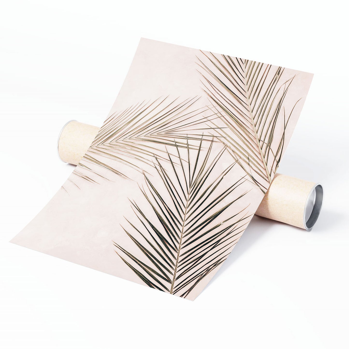 Unframed fine art print of delicate tropical palm leaves on a blush background.