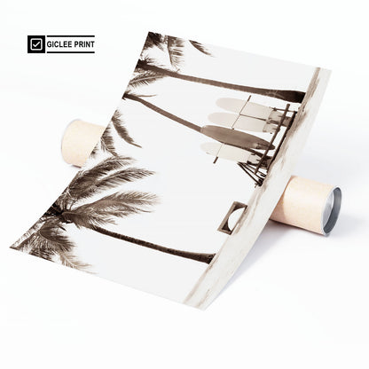 Unframed Hawaii wall art print featuring palms and surfboards in neutral coastal tones