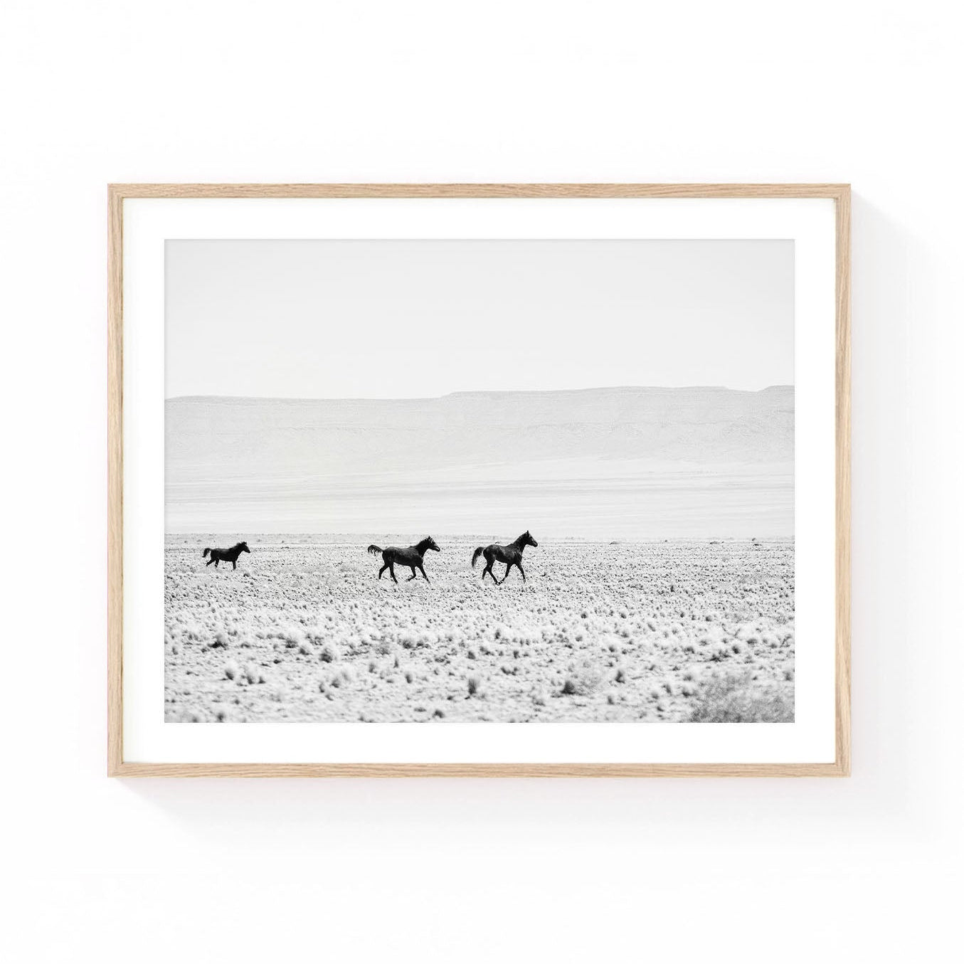 Wild horse wall art featuring three horses running across a vast desert plain in a minimalist black and white landscape.